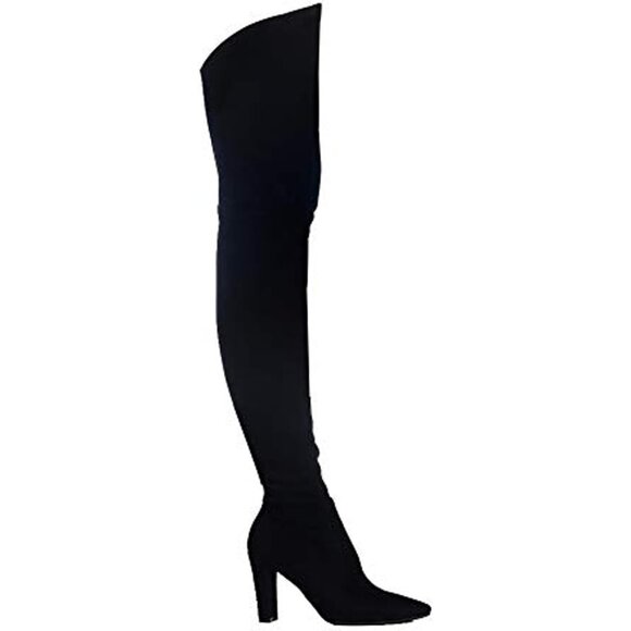 Women Suede Black Stretch Thigh High Over The Knee Chunky Heel Pointed Toe Boots - Picture 5 of 5